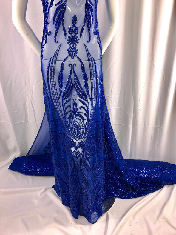 Royal blue empire design with sequins embroider on a 2 way stretch mesh fabric-prom-nightgown-decorations-dresses-sold by the yard.
