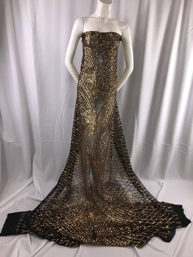 Gold venom dismond web-embroider with sequins on a black mesh lace fabric- wedding-bridal-prom-nightgown fabric-dresses-sold by the yard-