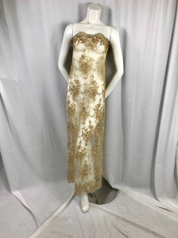 Gold french design embroider and hand beaded on a mesh lace.36x50inches-prom-nightgown-decorations-dresses-Sold by the yard.