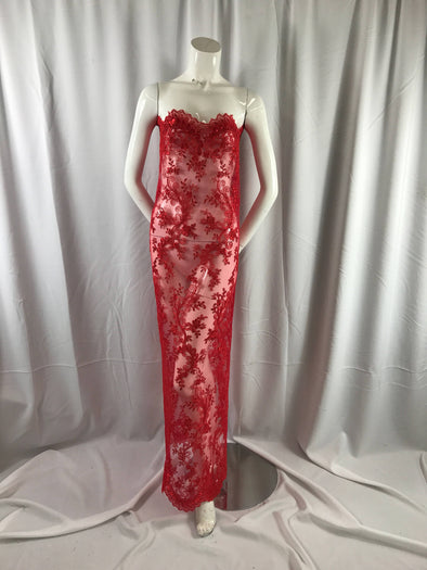 Red corded french design-embroider with sequins on a mesh lace fabric-prom-nightgown-decorations-apparel-fashion-sold by the yard.