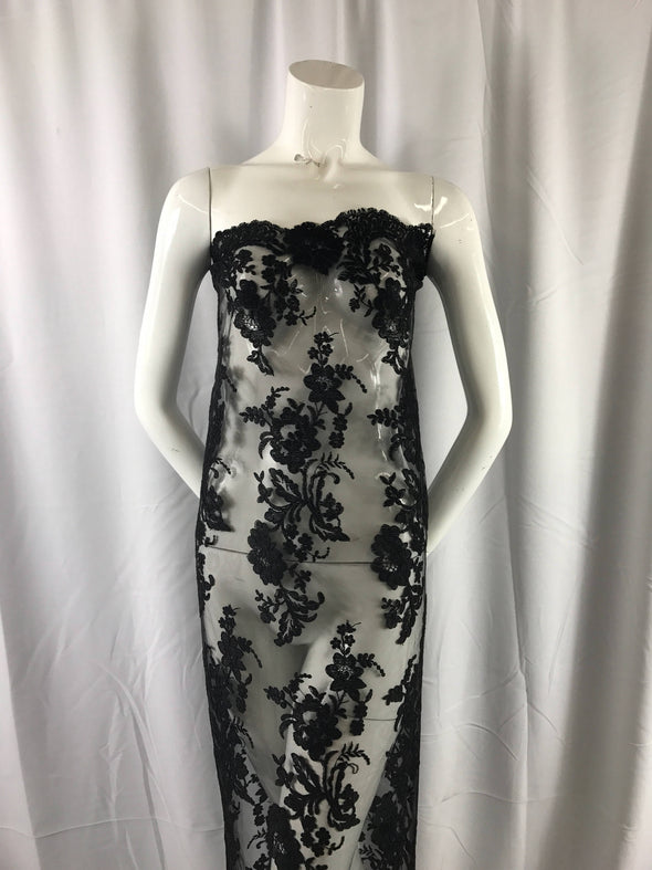 Black floral design embroider and corded on a mesh lace fabric-fashion-decorations-nightgown-prom-apparel-dresses-sold by the yard.