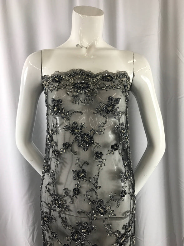 Elegant black/silver french design embroider and beaded on a mesh lace. Wedding/Bridal/Prom/Nightgown fabric.