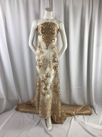 Gold flowers embroider on a 2 way stretch mesh lace. Wedding/Prom/Bridal/Nightgown fabric-apparel-fashion-dresses-Sold by the yard.