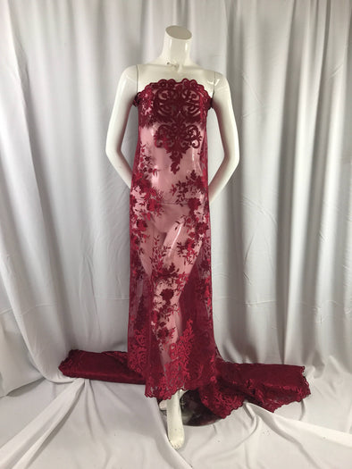 Burgundy flowers embroider on a 2 way stretch mesh lace. Wedding/Bridal/Prom/Nightgown fabric-apparel-fashion-dresses-Sold by the yard.