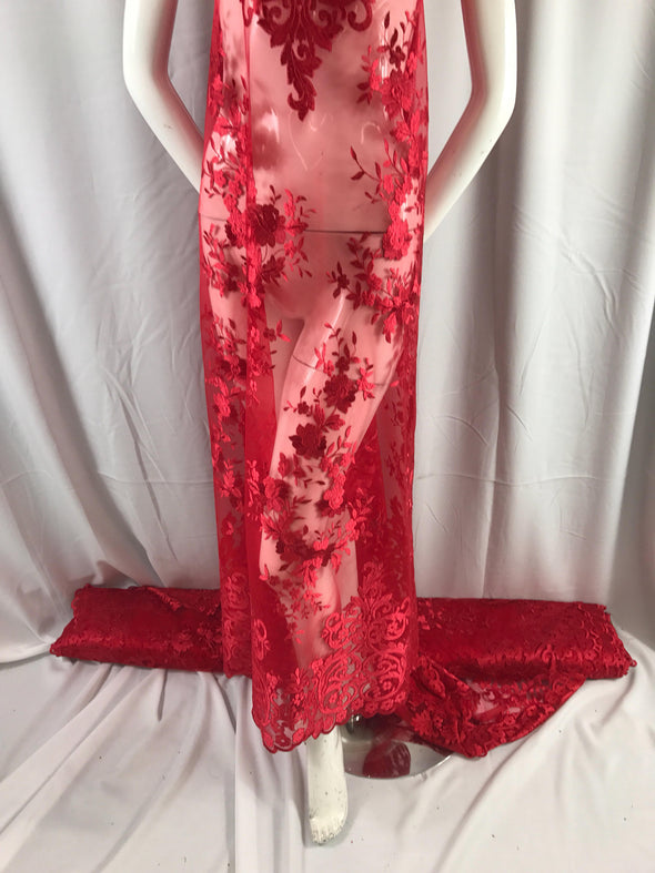 Red flowers enbroider on a 2 way stretch mesh lace.wedding/Bridal/Prom/Nightgown fabric-apparel-fashion-dresses-Sold by the yard.