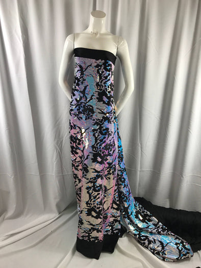 Iced iridescent sequins on a black 2 way stretch velvet-apparel-fashion-decorations-dresses-nightgown-sold by the yard.