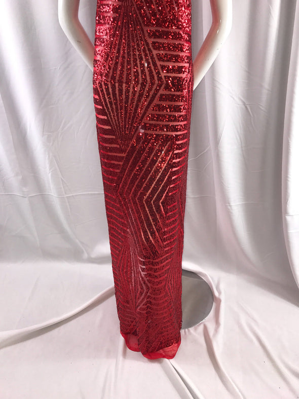 Red geometric sequins design embroider on a red 2 way stretch mesh-wedding-bridal-prom-nightgown-dresses-dresses-apparel-Sold by the yard.