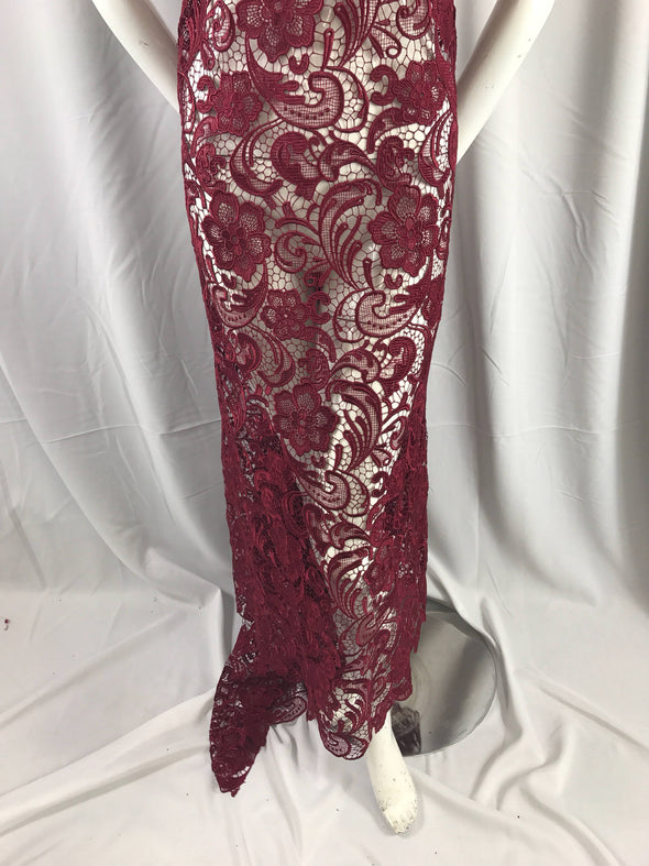 Burgundy flower guipure-chemical lace-apparel-fashion-decorations-dresses-nightgown-sold by the yard.
