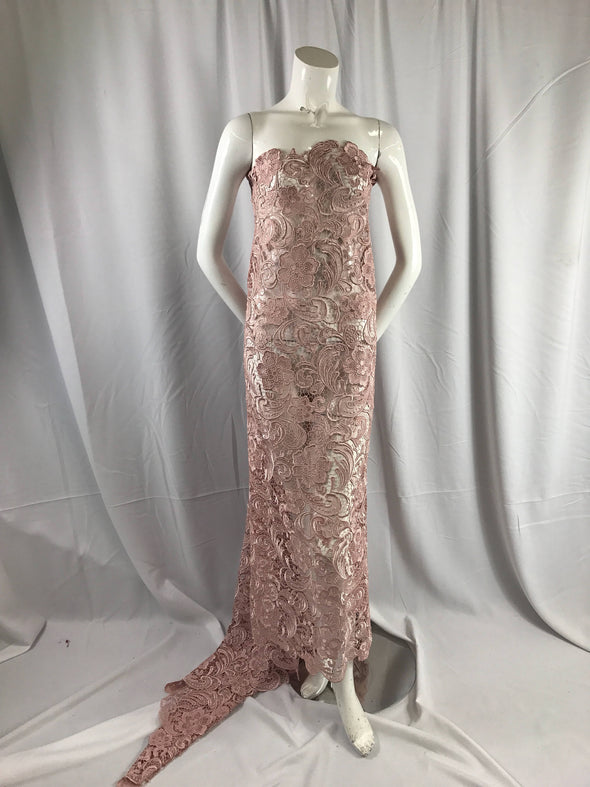 Fascinating dusty rose light weight guipure design-prom-nightgown-decorations-apparel-fashion-dresses-sold by the yard.