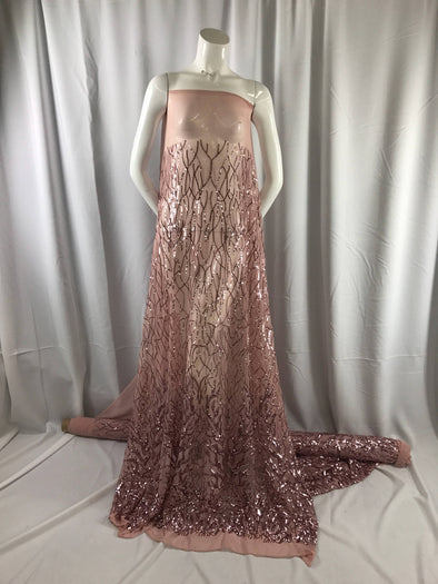 Dazzling Dusty Rose fashion tree Embroider with Sequins on a mesh lace-prom-nightgown-decorations-dresses-apparel-fashion-sold by the yard