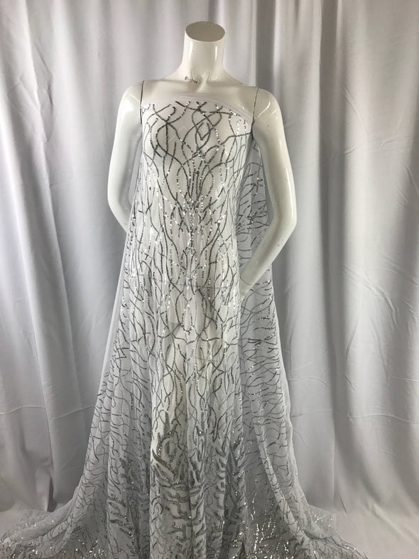 Dazzling White silver fashion tree Embroider with sequins on a mesh lace-prom-nightgown-bridal-decorations-dresses-sold by the yard
