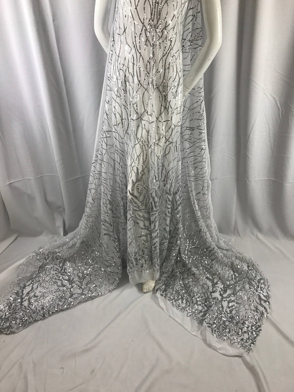 Dazzling White silver fashion tree Embroider with sequins on a mesh lace-prom-nightgown-bridal-decorations-dresses-sold by the yard