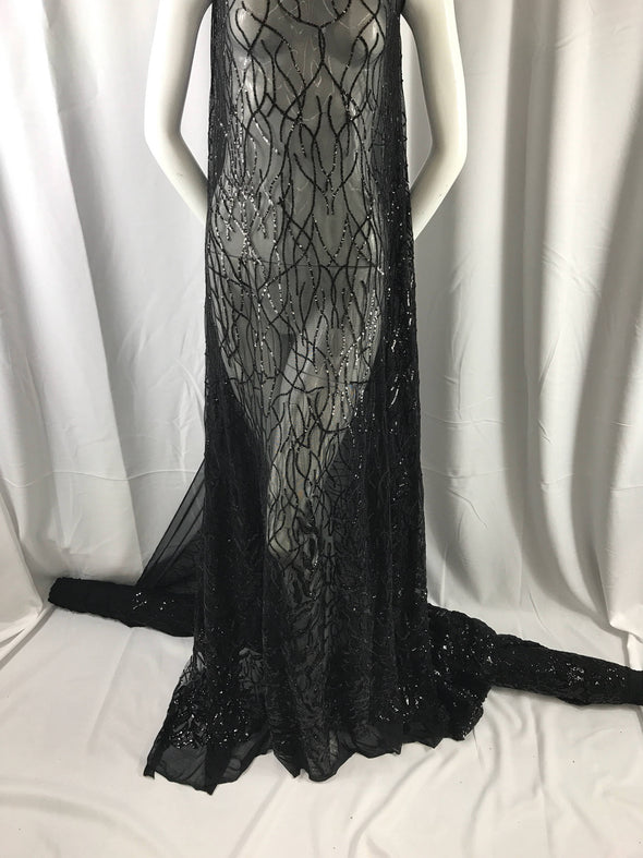 Dazzling Black fashion tree Embroider with sequins on a mesh lace-prom-nightgown-decorations-dresess-apparel-fashion-sold by the yard