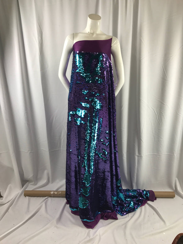 Purple-turquoise mermaid fish scales 2 way stretch lycra 2 way flip flop shiny sequins-prom-nightgown-decorations-dresses-fashion-by yard..