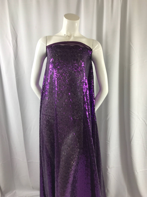 Purple mermaid fish scales-mini sequins embroider on a 2way stretch mesh fabric-dresses-apparel-fashion-sold by the yard.
