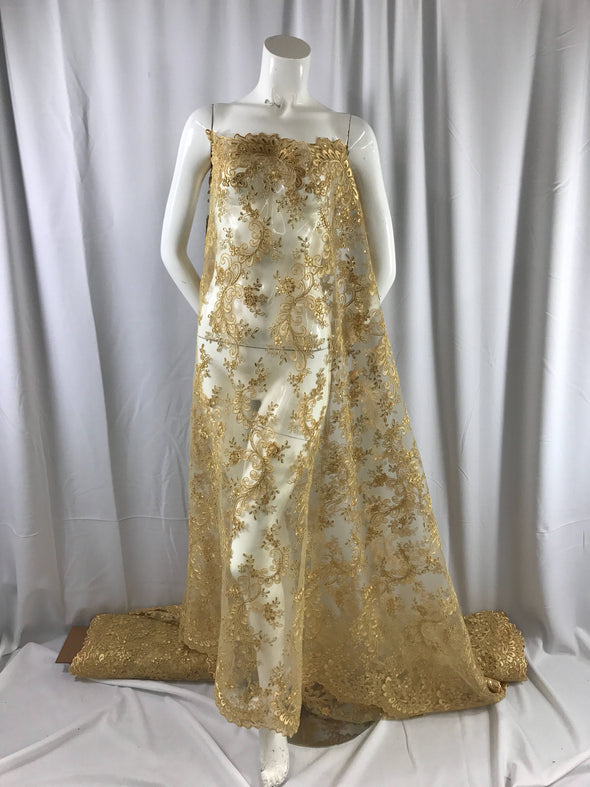 Gold corded flower design-embroider with sequins on a mesh lace fabric-prom-nightgown-decorations-sold by the yard-