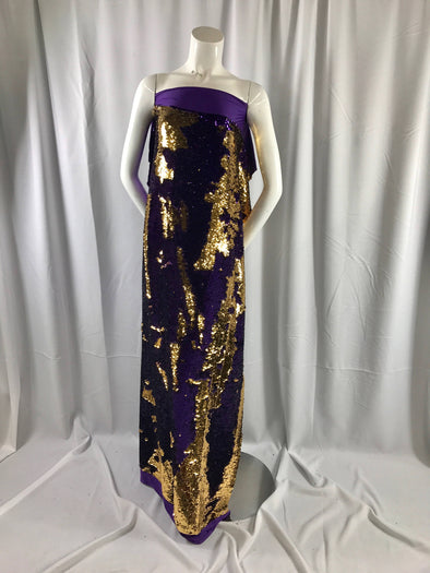 Purple/ gold hologram mermaid fish scales -2way stretch lycra -2 tone flip flop sequins-prom-nightgown-decorations-sold by yard