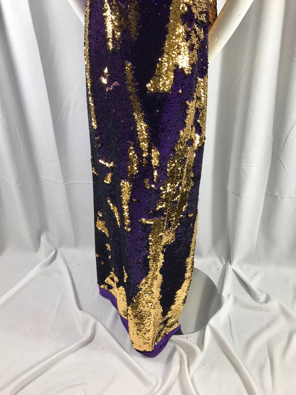 Purple/ gold hologram mermaid fish scales -2way stretch lycra -2 tone flip flop sequins-prom-nightgown-decorations-sold by yard