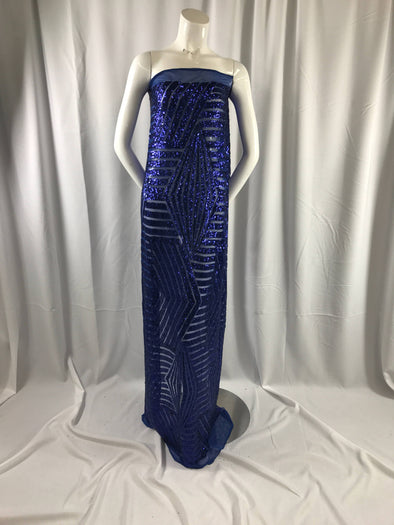 Geometric designer shiny sequins embroidery on a royal blue mesh fabric-54" wide-apparel-fashion-dresses-decorations-sold by yard.