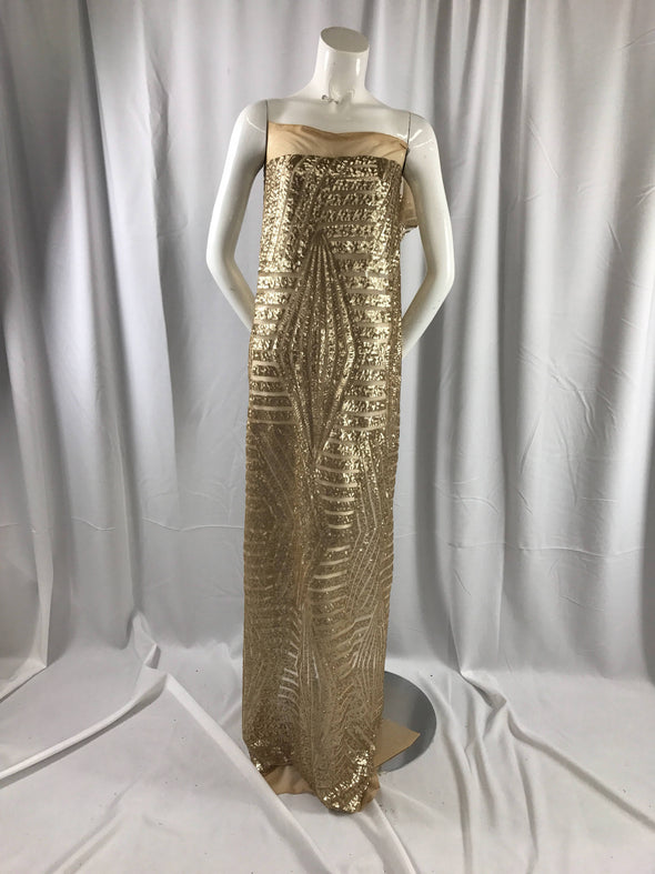 Geometric designer matt gold sequins embroider on a nude mesh fabric-54" wide-apparel-nightgown-fashion-dress-sold by the yard.