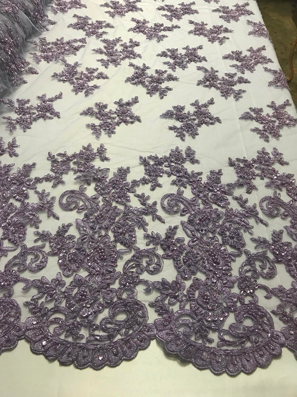 Lavender fashion floral design embroider with sequins and hand beaded on a mesh lace-dresses-fashion-nightgown-prom-sold by yard.