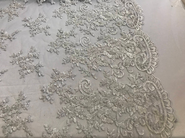 White fashion floral design embroider with sequins and hand beaded on a mesh lace-dresses-fashion-nightgown-sold by yard.