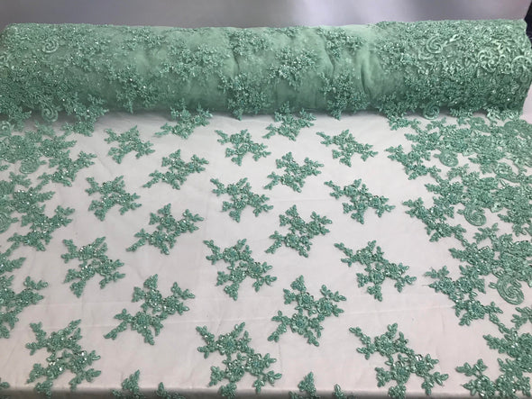 Mint fashion floral design embroider with sequins and hand beaded on a mesh lace-dresses-fashion-nightgown-sold by yard.
