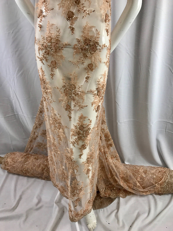 Gorgeous skin color French design embroider and beaded on a mesh lace. Wedding/Bridal/Prom/Nightgown fabric-dresses-sold by the yard.