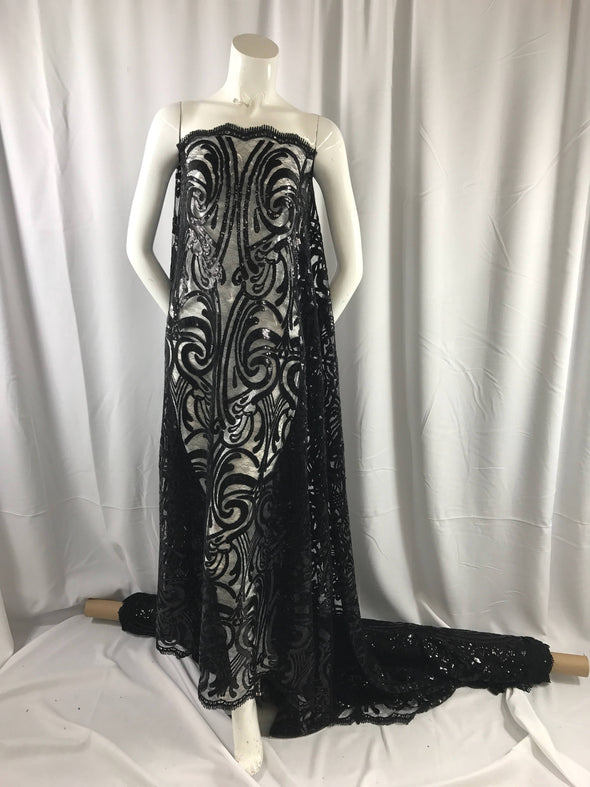 Luxurious black sequins embroider on a vintage mesh lace.Wedding/Bridal/Prom/Nightgown fabric-dresses-fashion-Sold by the yard.