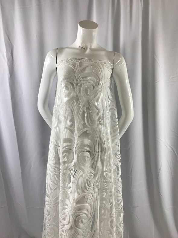 Luxurious white sequins embroider on a vintage mesh lace.Wedding/Bridal/Prom/Nightgown fabric-dresses-fashion-Sold by the yard.