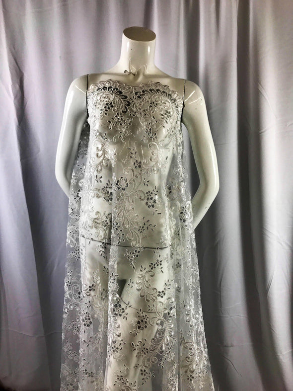 Ivory french corded design-embroider with sequins on a mesh lace fabric-prom-nightgown-decorations-dresses-sold by the yard