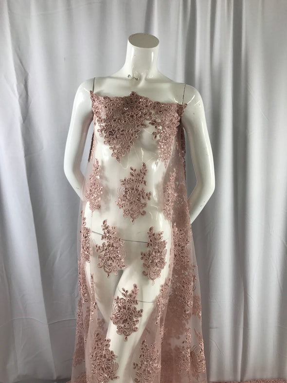 Dusty rose flower lace corded and embroider with sequins on a mesh. Wedding/bridal/prom/nightgown fabric-dresses-fashion-Sold by the yard.