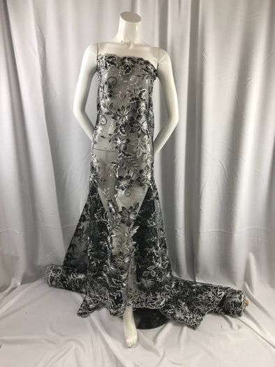 Black/ white modern flower design embroider on a mesh with sequins and metallic cord-prom-nightgown-decorations sold by the yard.