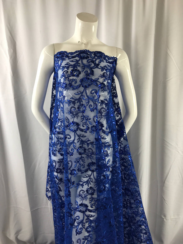 Royal blue corded flowers embroider with sequins on a mesh lace fabric-wedding-bridal-nightgown-dresses-apparel-fashion-sold by the yard-