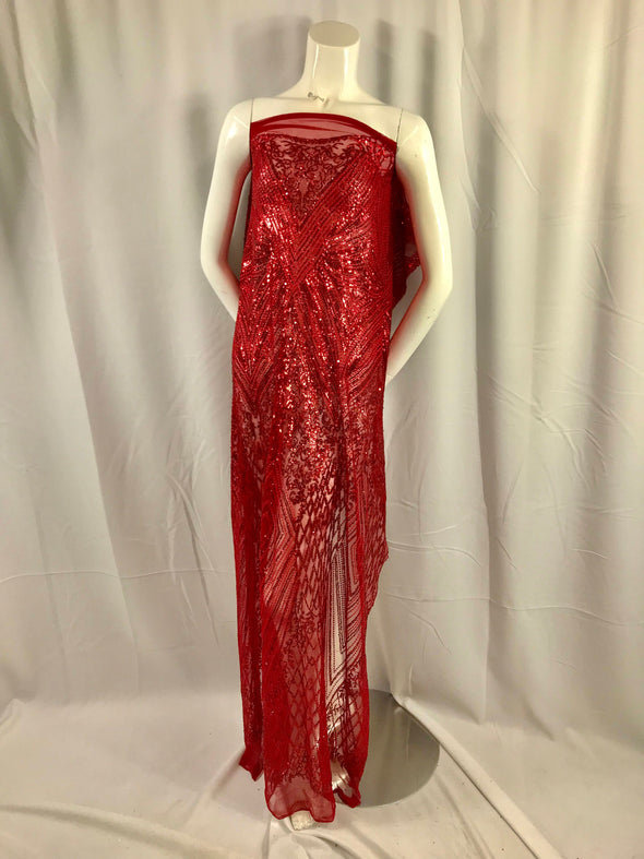 Red geometric diamond design embroider with Sequins on a 2 way stretch mesh lace-dresses-fashion-nightgown-prom-sold by yard.
