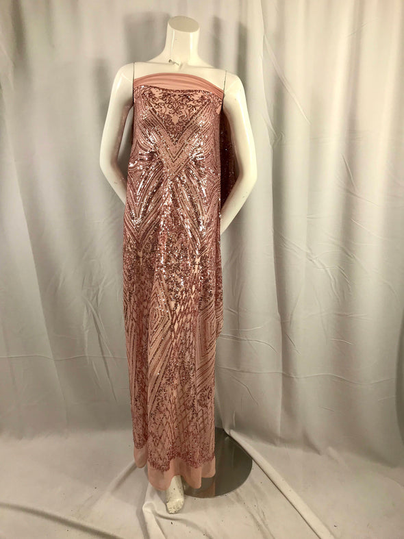 Dusty rose geometric diamond design embroider with sequins on a 2 way stretch mesh lace-dresses-fashion-nightgown-sold by yard.