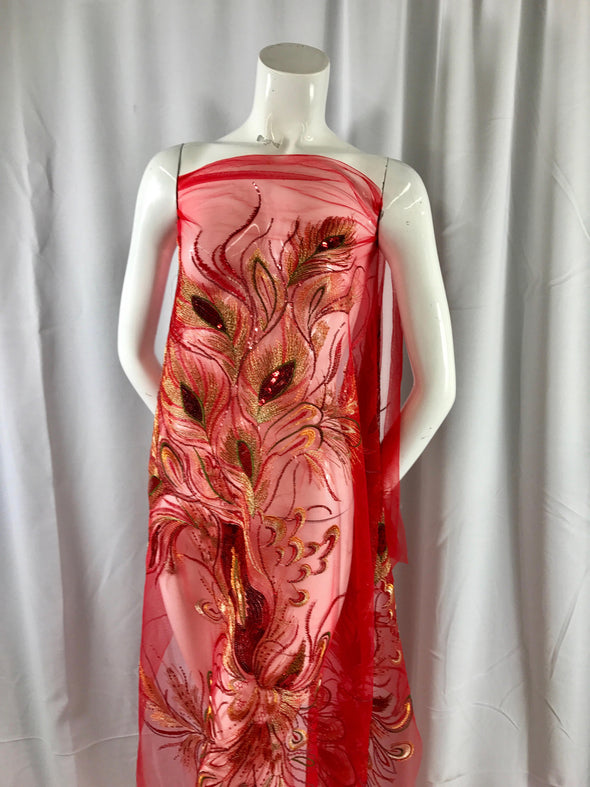 Gold peacock feathers embroider with red sequins on a red mesh-apparel-fashion-dresses-nightgown-sold by 2 panels.