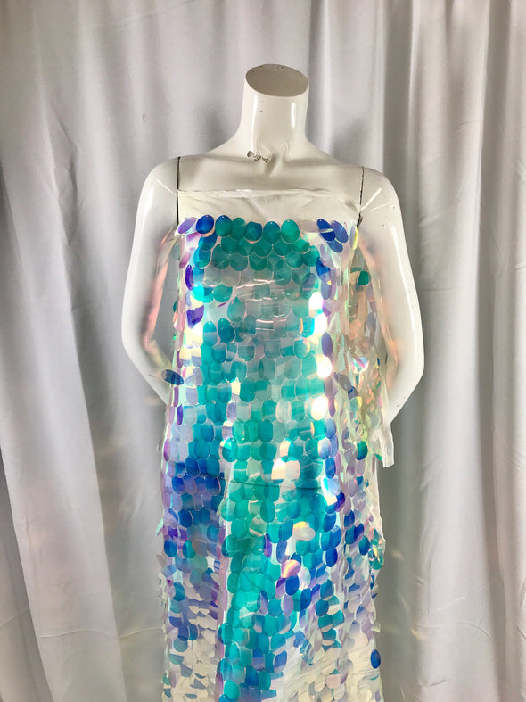 clear hologram iridescent mermaid fish scales on a white mesh-prom-decorations-dresses-Sequins-nightgown-craft-sold by the yard.
