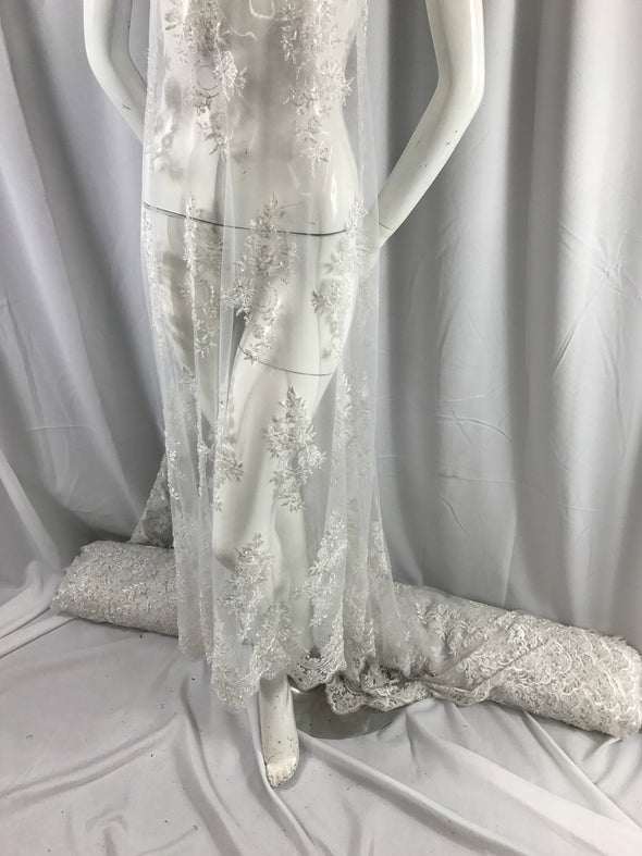 Elegant white hand beaded mesh lace. Wedding/Bridal fabric lace.36x50inches-prom-wedding-bridal-nightgown-dresses-fashion-Sold by the yard.