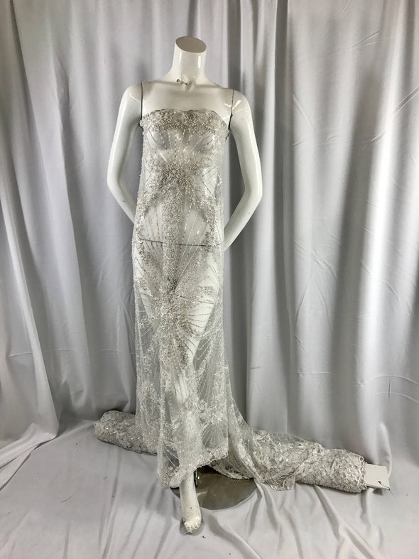 Off white Geometric flower design embroider with clear sequins and hand beaded on amesh lace-prom-nightgown-bridal-wedding-Sold by the yard.
