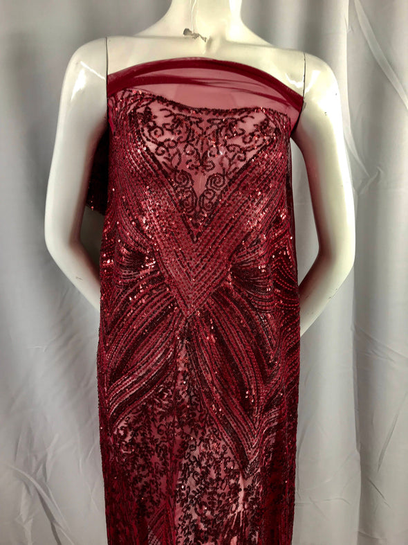 Burgundy geometric diamond design embroider with sequins on a 2 way stretch mesh lace-dresses-fashion-nightgown-sold by yard.