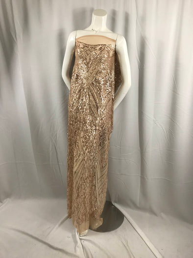 Champagne geometric diamond design embroider with sequins on a 2 way stretch mesh lace-dresses-fashion-nightgown-sold by yard.