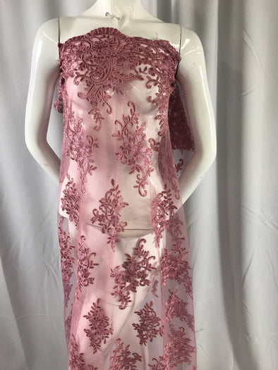 Dusty rose classy paisley flowers embroider on a mesh lace-dresses-fashion-decorations-nightgown-apparel-sold by the yard.