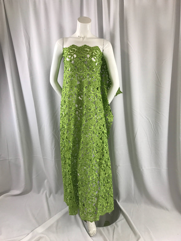 Lime green flowers embroider and hand beaded on a organza lace fabric-apparel-fashion-dresses-decorations-sold by the yard.