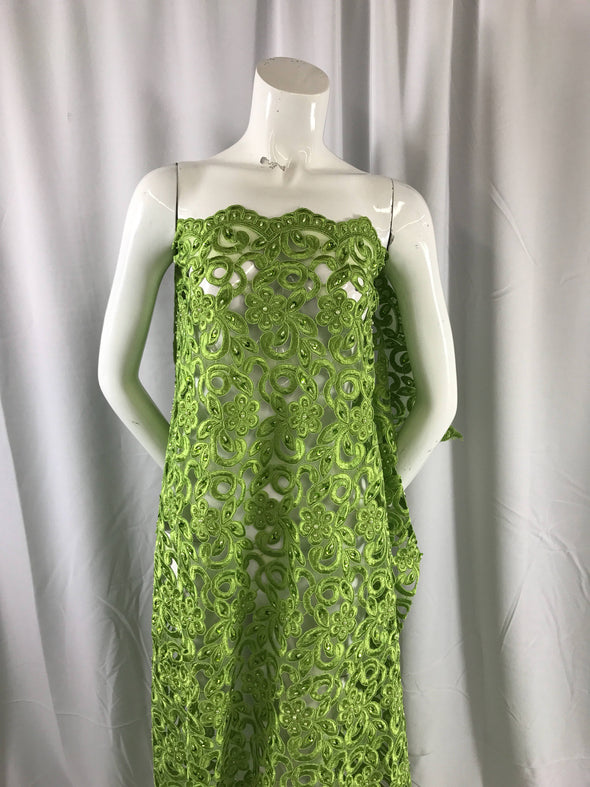 Lime green flowers embroider and hand beaded on a organza lace fabric-apparel-fashion-dresses-decorations-sold by the yard.