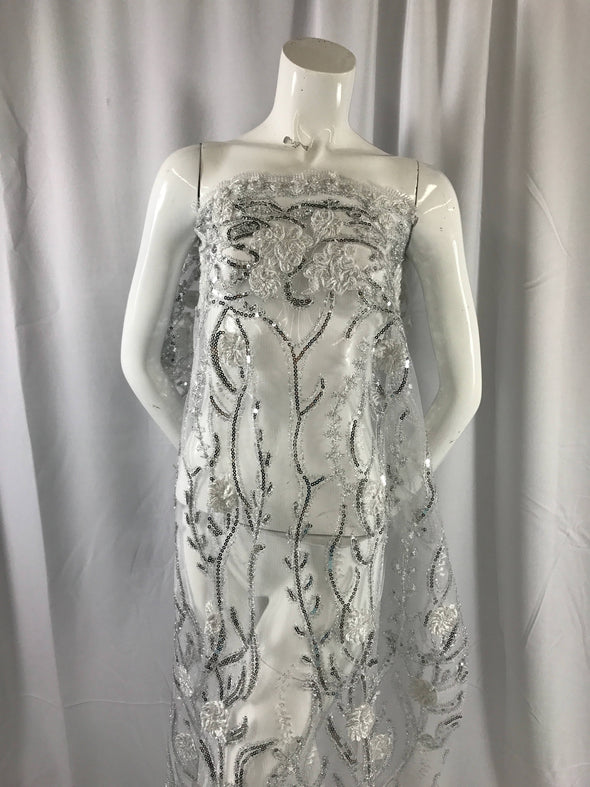 White tree desighn with 3d flowers embroider with sequins on a mesh lace. Wedding/ bridal/ nightgowns/ prom dresses-apparel-Sold by the yard