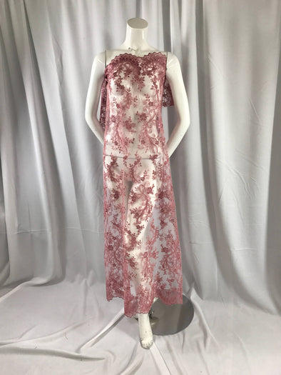 Dusty rose corded french design-embroider with sequins on a mesh lace fabric-prom-nightgown-decorations-dresses-sold by the yard-