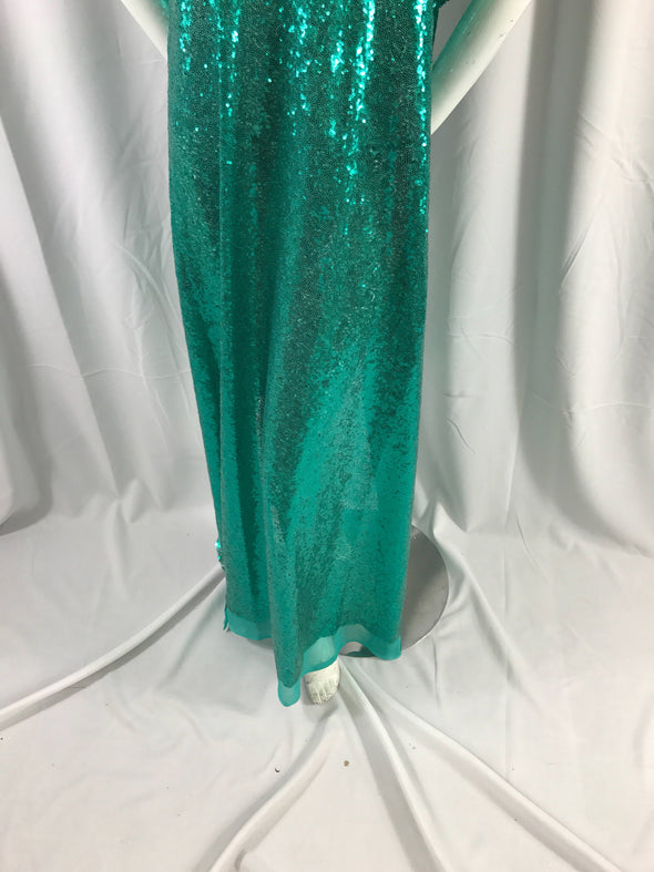 Teal green mermaid fish scales-mini sequins embroider on a 2 way stretch mesh fabric-prom-nightgown-decorations-dresses-sold by the yard-