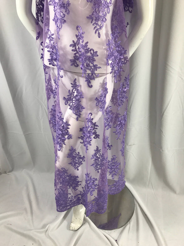 Lavender classy paisley flowers embroider on a mesh lace-fashion-decorations-dresses-nightgown-sold by the yard.