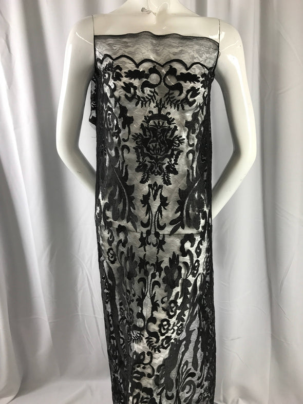Black damask design embroider on a 2 way stretch mesh lace fabric-wedding-bridal-prom-nightgown-dresses-fashion-sold by the yard-